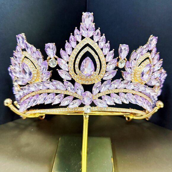 Quinceanera Crown, Purple Rhinestone Crown, Large Size Crown, Gold Crystal Crown - Picture 5 of 7